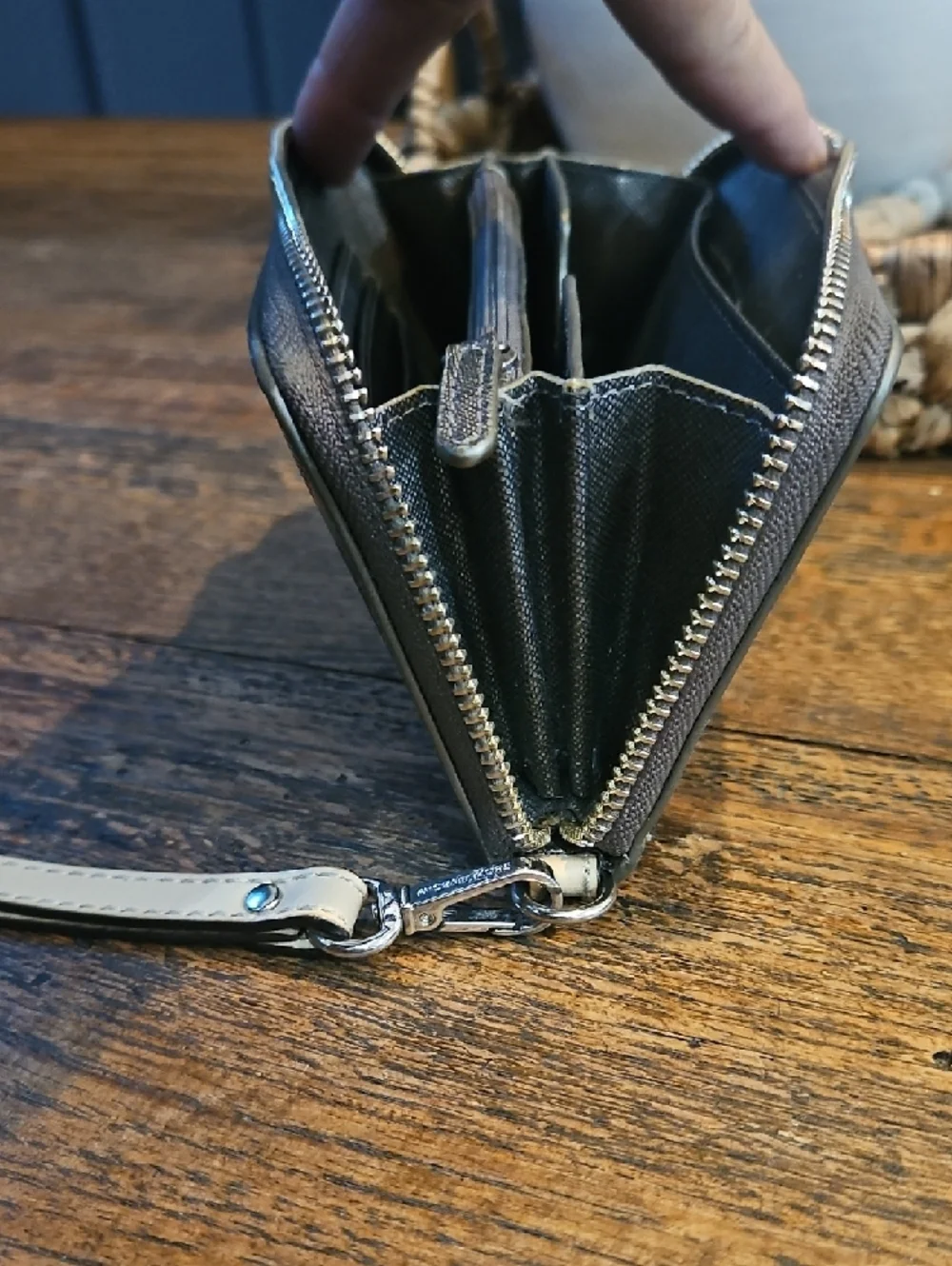 Michael Kors Metallic Bronze Logo Wristlet Wallet with Cream Strap‎